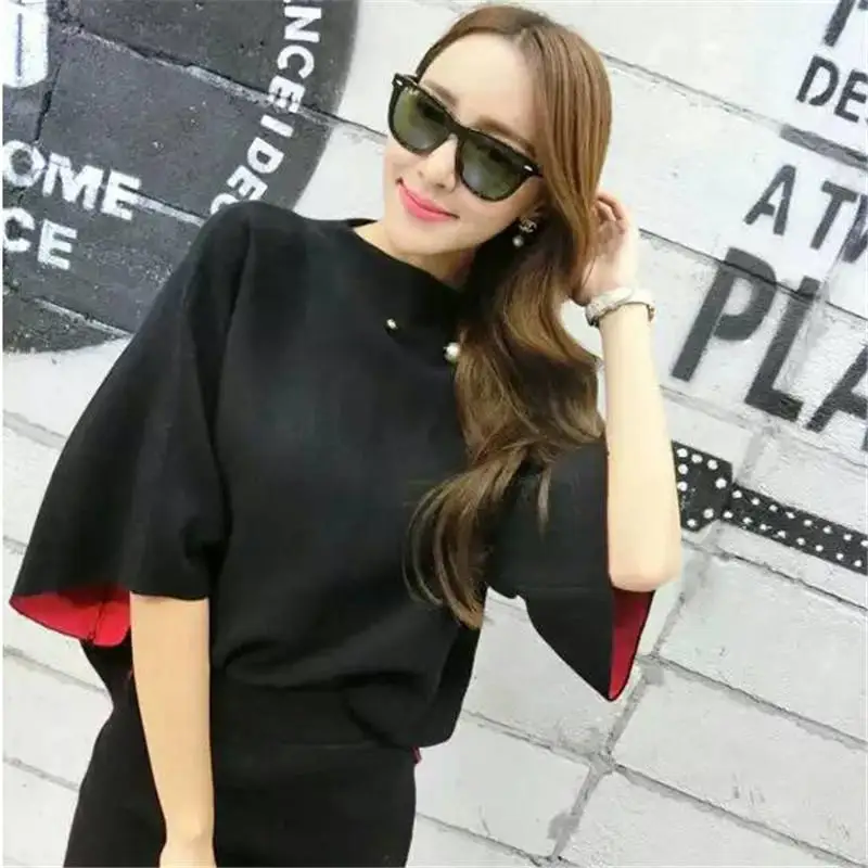 Traje de punto para mujer, conjunto de top y falda, ropa de punto femenina, color morado y negro, 2 piezas