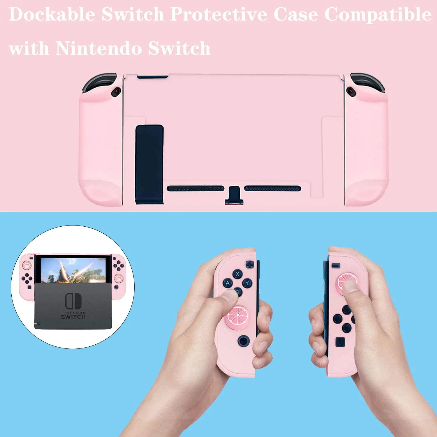 Capa protetora rosa para Nintendo Switch, Joy-Con Controladores, protetor de tela de vidro, 4 apertos do polegar