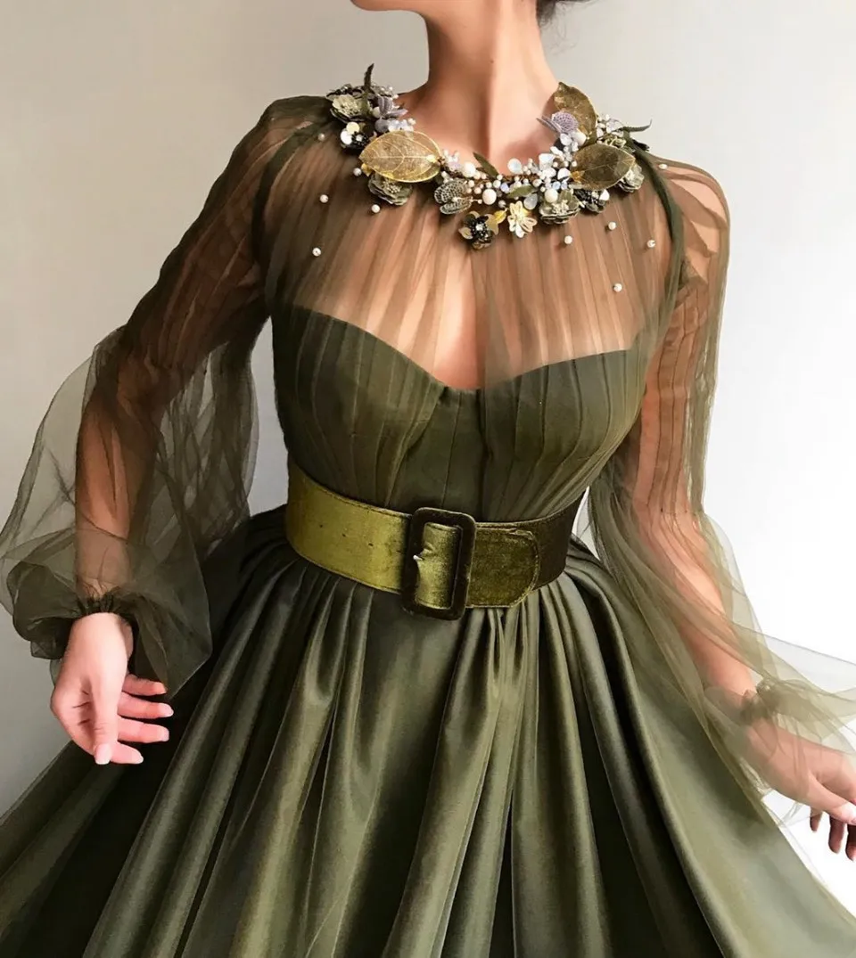 Olive Green Satin Long Prom Dresses for Women 2022 Formal Party Robe De Soiree Sheer Sleeves Beading Vestidos Evening Gowns Hot