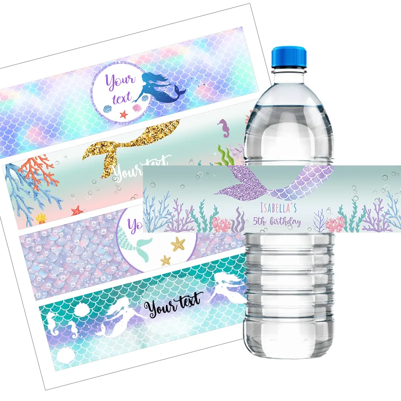 Mermaid Party Decor Bottle Wraps Birthday Custom Name Water Bottle Label  Personalized Stickers Baby Shower Baptism Party Favor