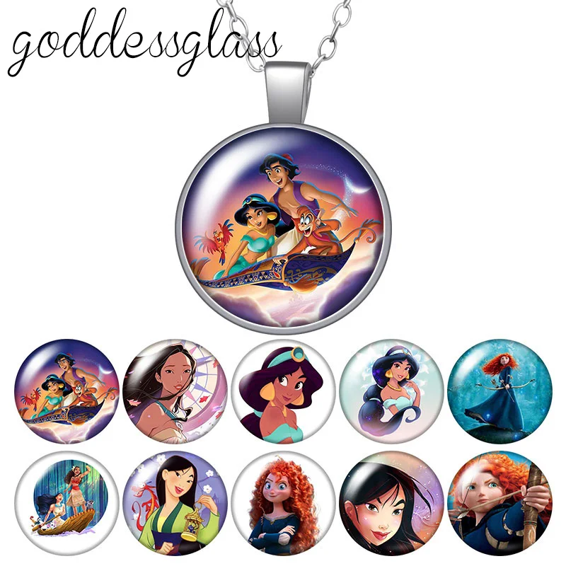 Princesses jasmine merida Mulan pochahontas Girls Gift Glass glass cabochon silver plated/Crystal pendant necklace jewelry