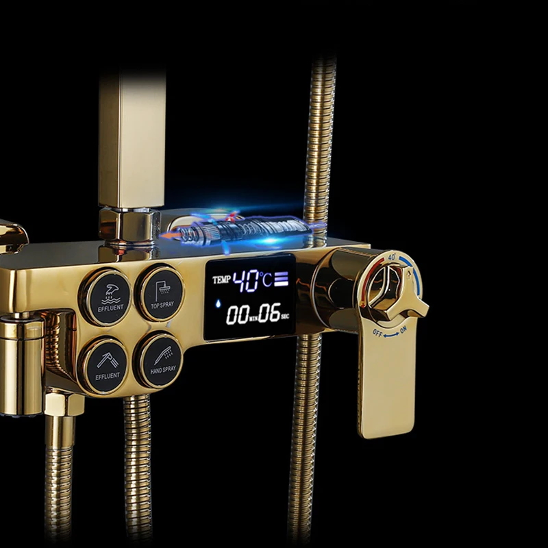 Digital Shower Set for Four Function Gold Thermostatic Shower System Rainfall Shower Head Copper Bath Faucet Digital Shower Sets