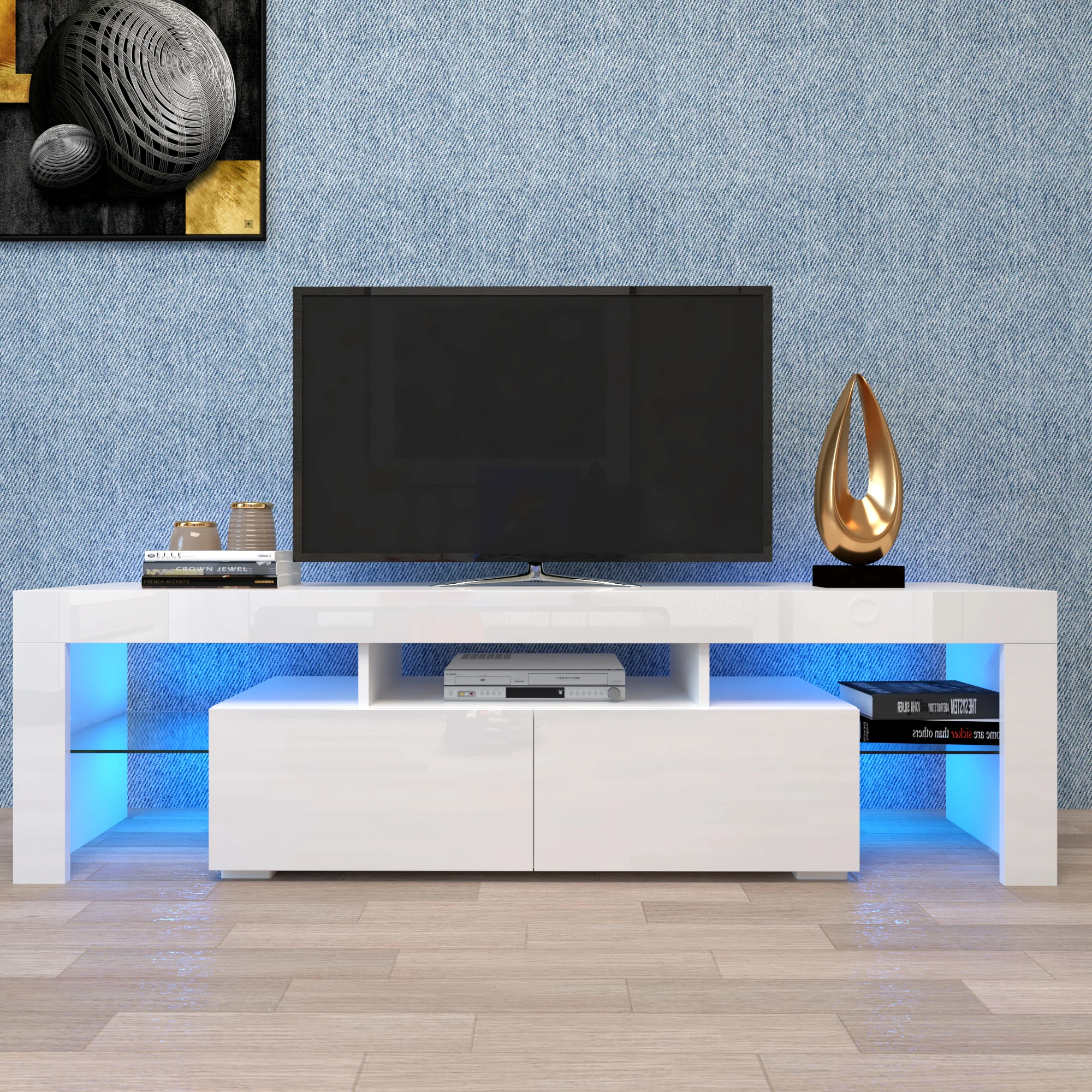 White/Black Modern TV Stand 160×35×45CM 20 Colors LED TV Cabinet w/Remote Control Lights Easy to Clean&Assemble [US-W]