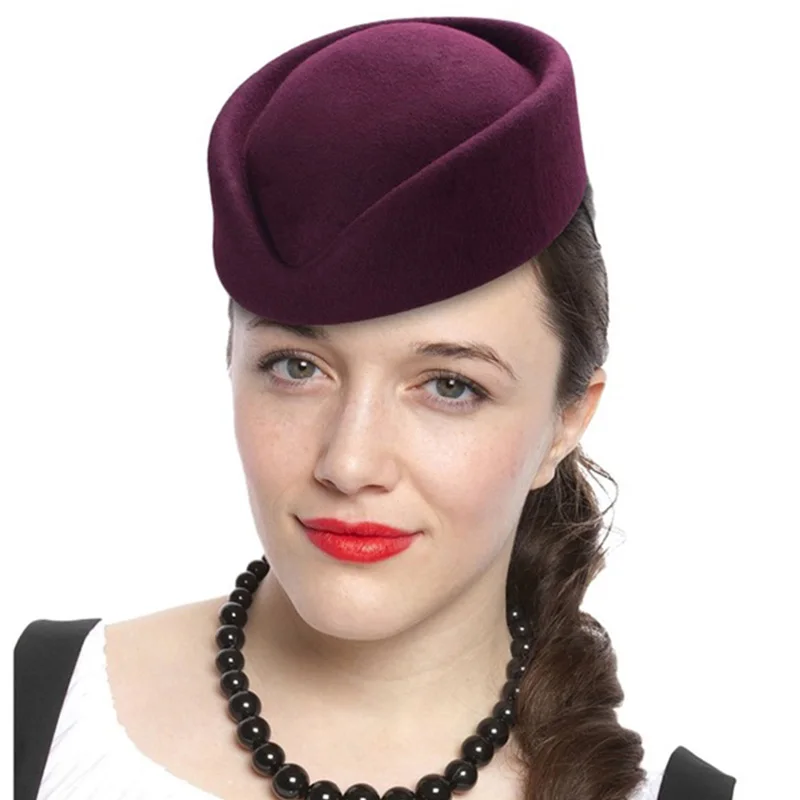 Fashion Top Quality 100% Wool Women Felt Beret Hat Teardrop Fancy Stewardess Air Hostesses Pillbox Hat Fascinator Base Cap