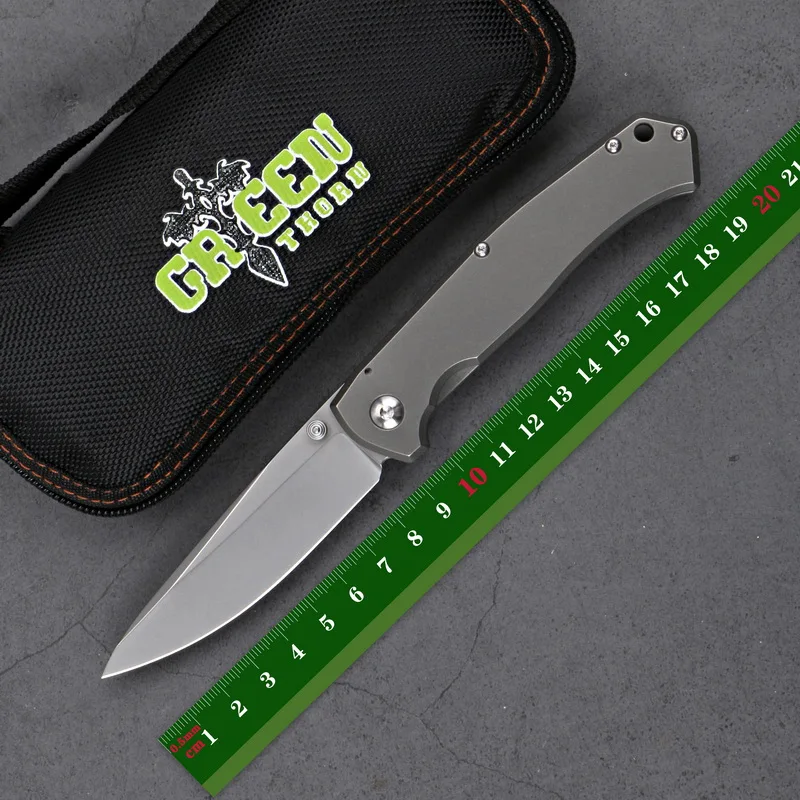 Green Thorn Rat Fol Titanium Handle Thumb Stud Folding Knife D2 Blade Outdoor Hunting Survival Fruit Pocket Kitchen EDC Tools