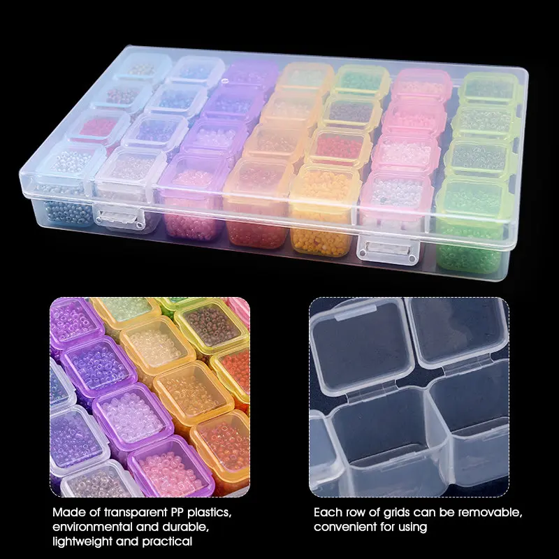 17.5x10.7x2.7CM Rectangle 28 Slots Jewelry Plastic Storage Box Rhinestone Beads Pill Earrings Storage Box Case Container