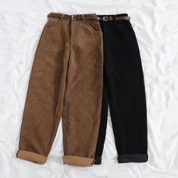 New 2020 Women Spring Corduroy Pants High Waist Vintage Korean Wide Leg Pants Elegant Belt Loose Cotton Streetwear