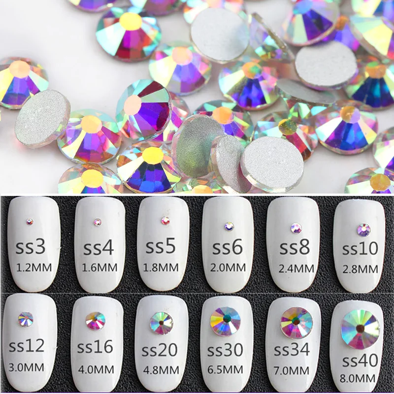 QIAO SS3-SS50(1.3mm-9.5mm) AAA rhinestone crystal AB clear Non Hotfix flatback Rhinestones for Nails 3D nail art decoration gems