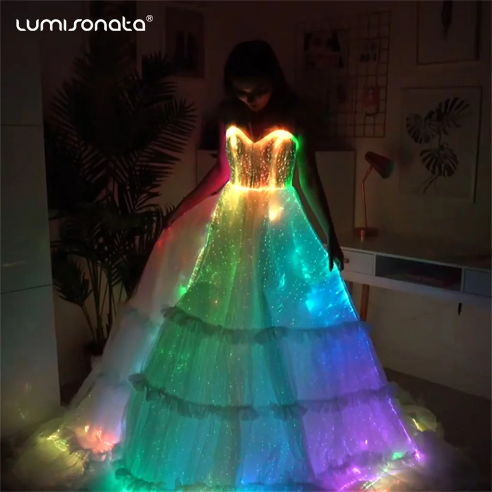 Lumisonata New Led Light Up Luminous Mermaid Shinny Dress For Wedding Party Formal White Wave Flower Pattern Long Skirt