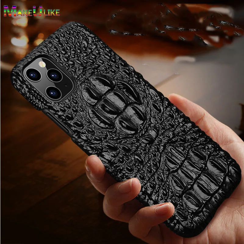 Capa de couro genuíno para iphone 16 15 13 12 11 14 pro max xs xr 7 8 plus capa 3d croc cabeça padrão à prova de choque capa de telefone rígido