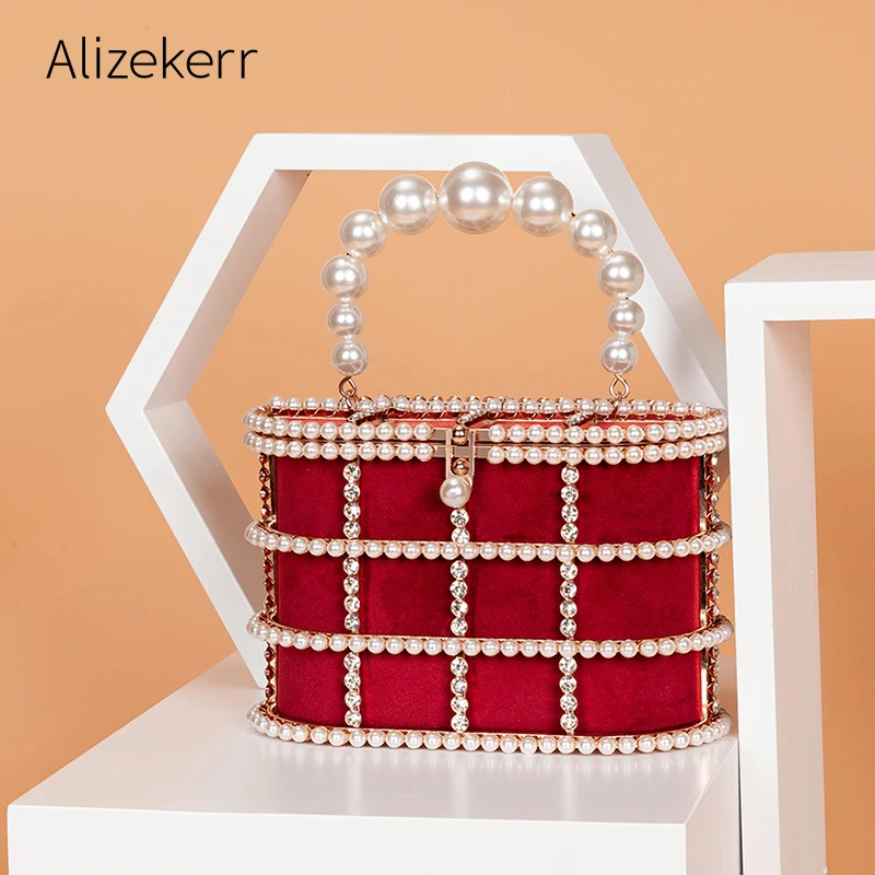 Luxury pearls Rhinestones handbag Women designer elegant Metal Cage Velvet Evening Clutch Purse Chic Hollow Out Shoulder Bags