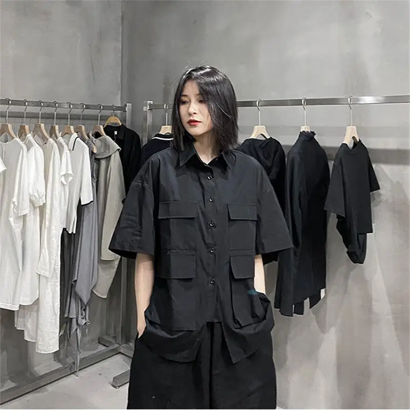 Summer women's new square collar solid color four symmetrical large pocket short-sleeved shirt youth loose fashion