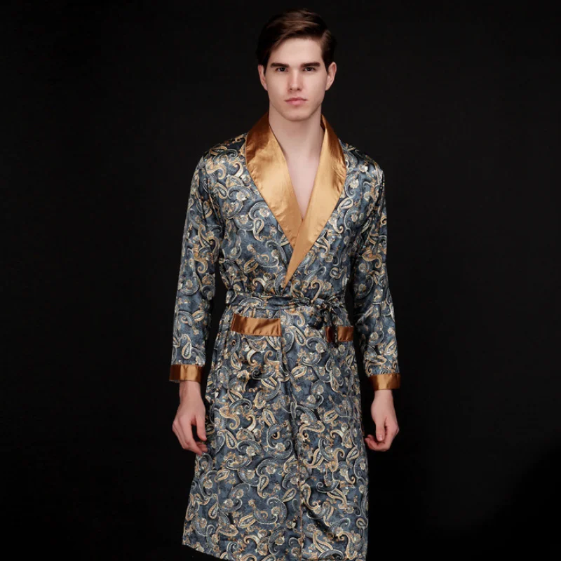 Kimono Bathrobe Gown Home Clothing Silk Men Chinese Dragon Robe Spring Summer Male Sleepwear Long Sleeve Loose Nightwear MY442