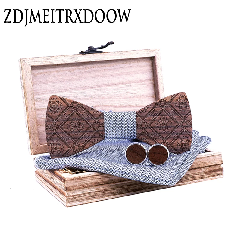 Wooden Bow Ties Marriage Silver Grey Bow Tie For Men Plaid Butterfly Cravat Bowtie Butterflies cufflinks pocket square set