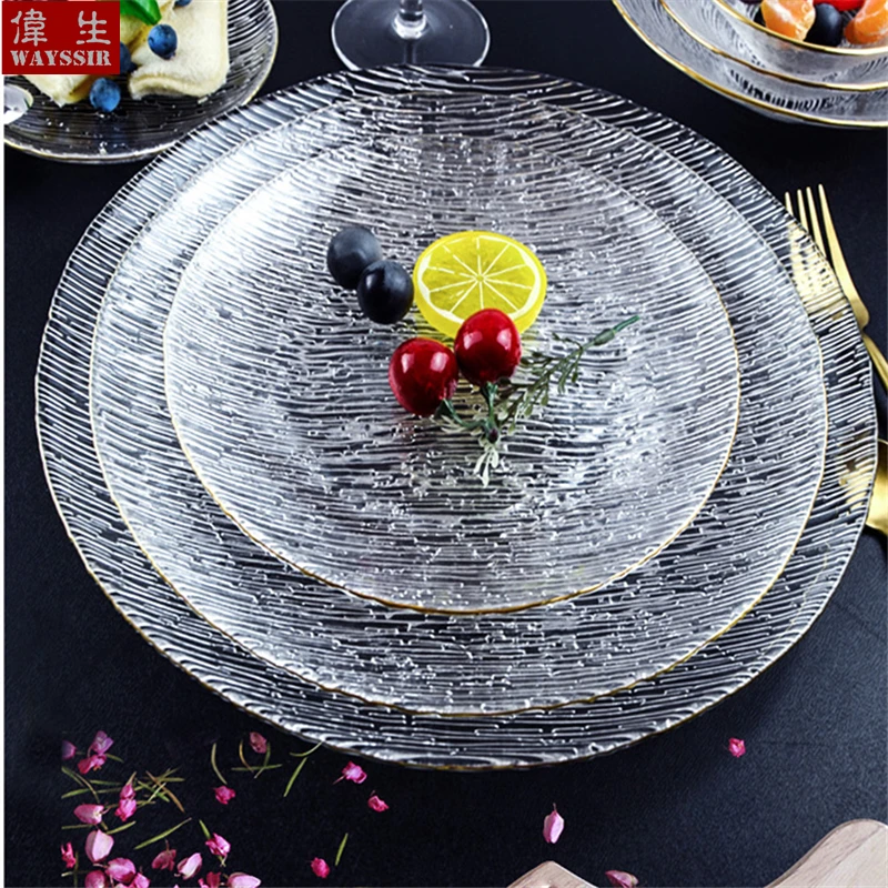 Nordic Gold Line Wire Drawing Glass Dinner Charger Plate, Dessert Salad Soup Bowl, Breakfast Dish, Wedding Decorative Tableware