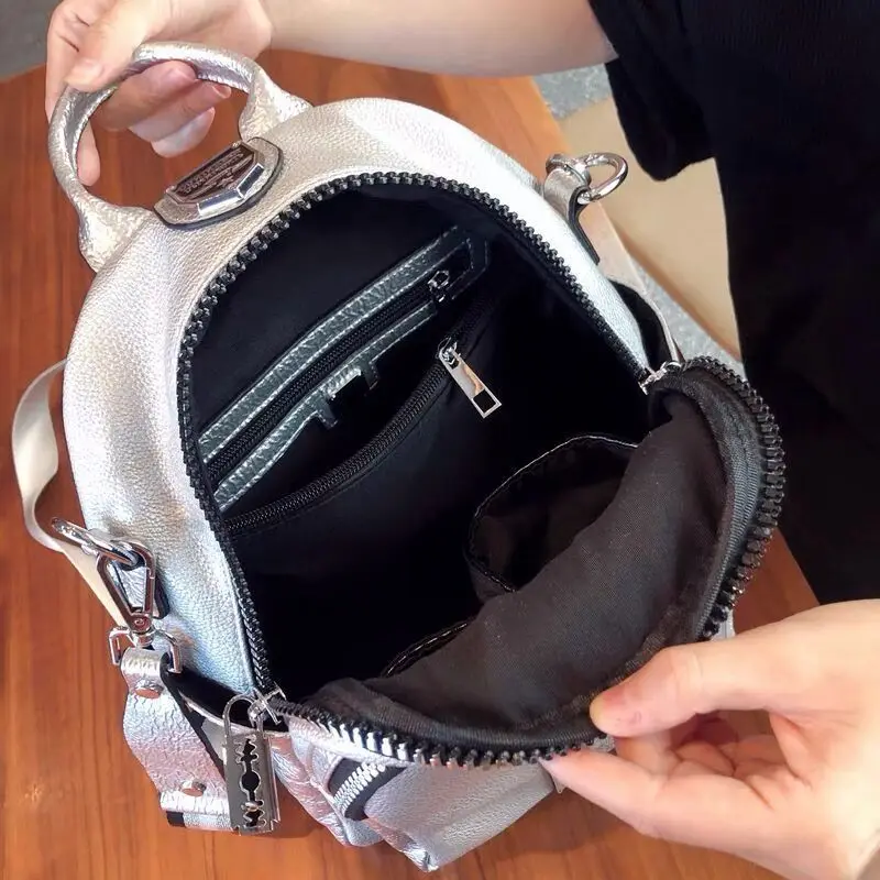 Women Fashion PU Vegan Leather Rhinestone Backpack 2024 Female Casual Daily Soft Artificial Leather Travel Small Silver Knapsack