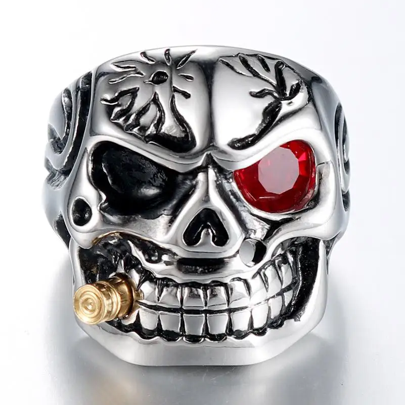 Mens Ring Stainless Steel Hip Hop Punk Ring Domineering Red Eye Skull Bite Bullet Ring Jewelry Gift