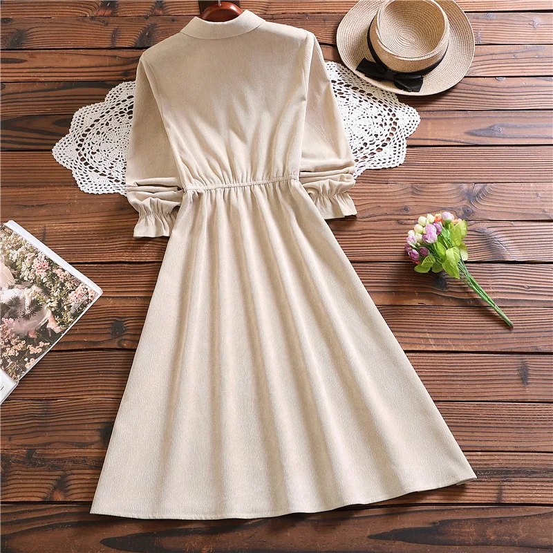 Mori girl cute sweet solid beige dress autumn fashion long sleeve dress for women