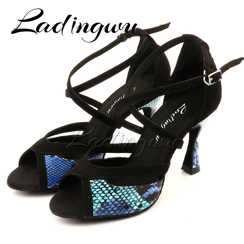 Ladingwu Latin Dance Shoes For Women Black Suede and Blue Snake Pattern PU Salsa Dance Shoes Women\'s Ballroom Dance Sandals