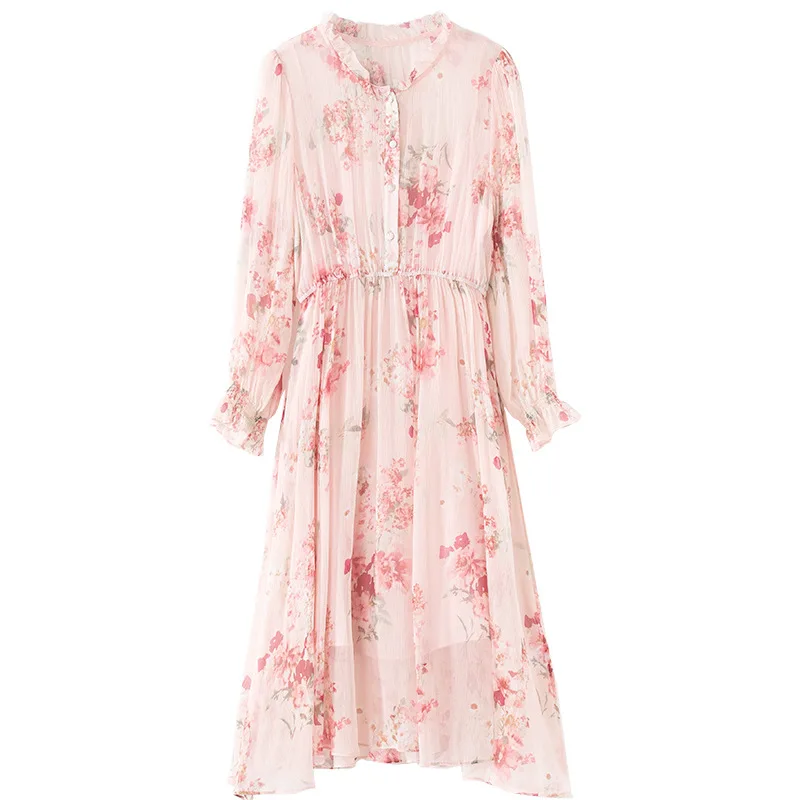 Robe longue en soie véritable pour femme, vêtements Vintage, style Boho, motifs floraux, rose, tenue de soirée, 2021, 100%, 46410