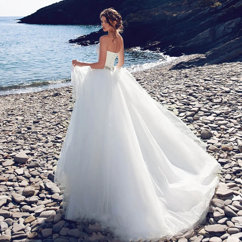 Robe De mariée Simple en Tulle, sans manches, sans bretelles, avec ceinture à perles, 2020