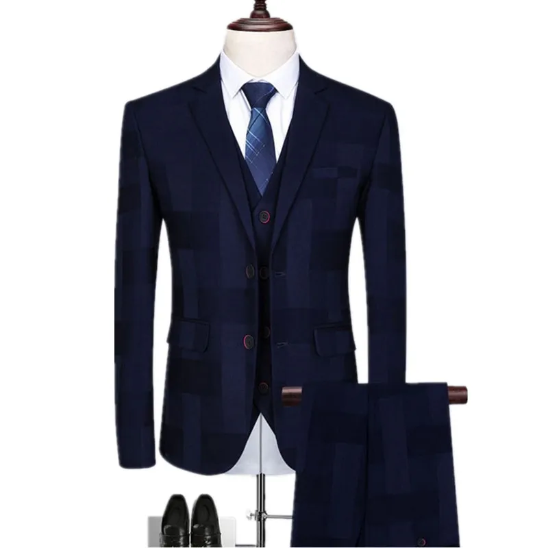 

Nice Spring Autumn Men Classic Plaid 3 Pieces Trousers Waistcoat Blazers Sets / Male Business Dress Suit Jacket Coat Vest Pants