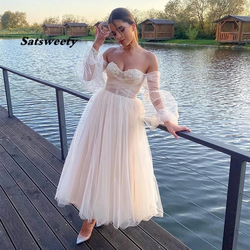 

Lace Appliques Sweetheart Puffy Sleeve Evening Dress Prom Party Robe De Soiree Longue Formal Dress Simple Robe De Soiree Lace-up