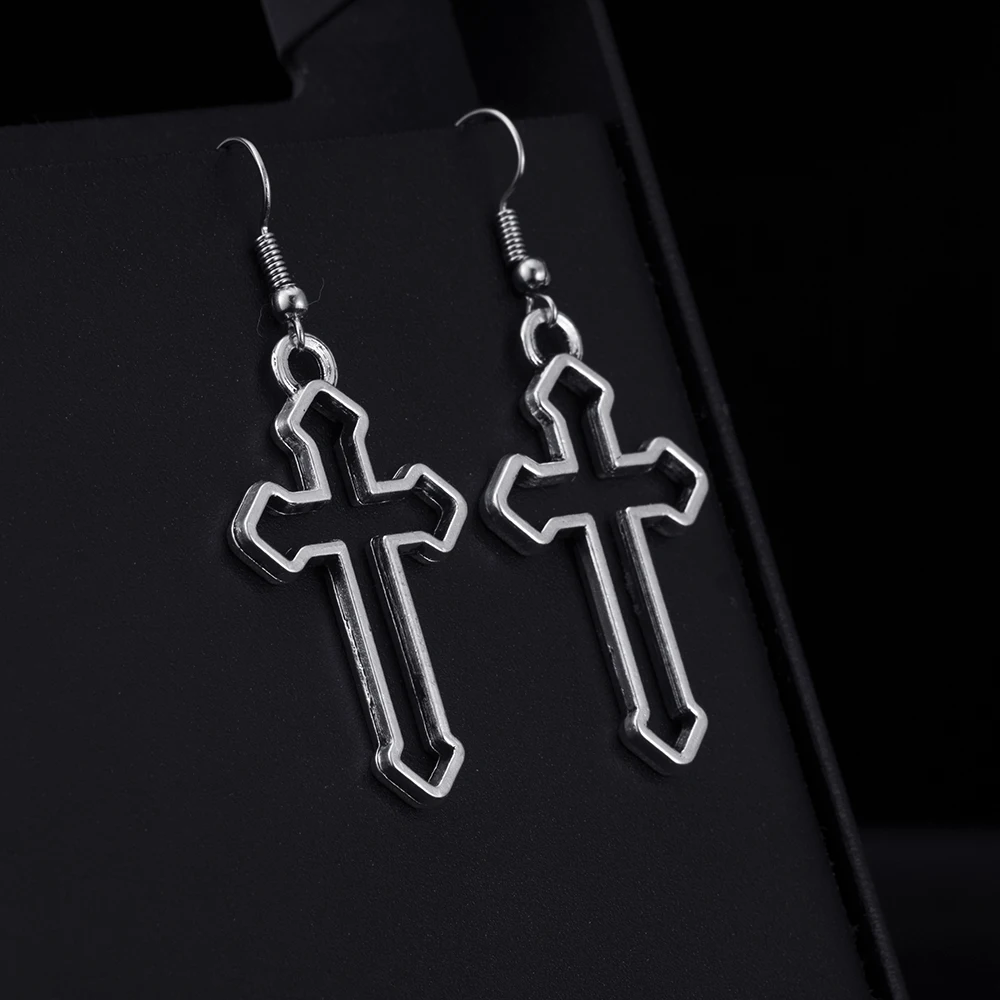 Trendy Vintage Cross Shape Dangle  Antique Silver Plated Earrings for Women Girl Retro Drop Earrings Cute Earring Jewelry Bijoux