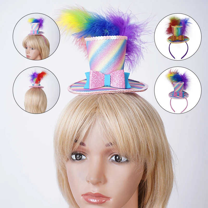 Fascinators Hat Women Sequins Bow Feathers Fedoras Hat Headband for Halloween Cosplay Headwear Cocktail Tea Party Mini Top Hat