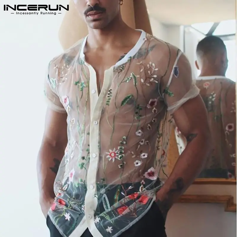 INCERUN-camisas de malla bordadas de manga corta para hombre, camisa Sexy transparente con botones, transpirable, para fiesta, club nocturno, 5XL,