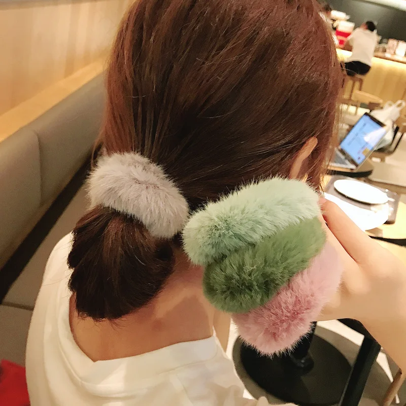 1PC Autumn and winter new cute rabbit hair Sweet girls Cute Double Pom Pom Elastic Hair Band Hair Ropes Hair Accessories