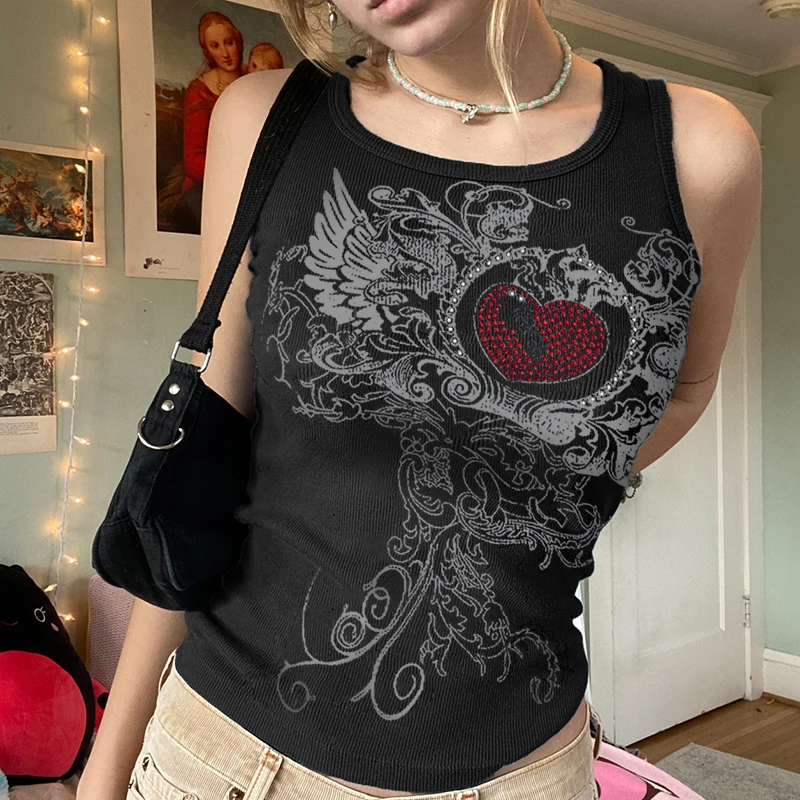 Y2k Fairy Grunge Love Wings Rhinestone Graphic Tank Tops Fairy Grunge 90's Aesthetic Clothes Black Ribbed Sleeveless T-Shirts