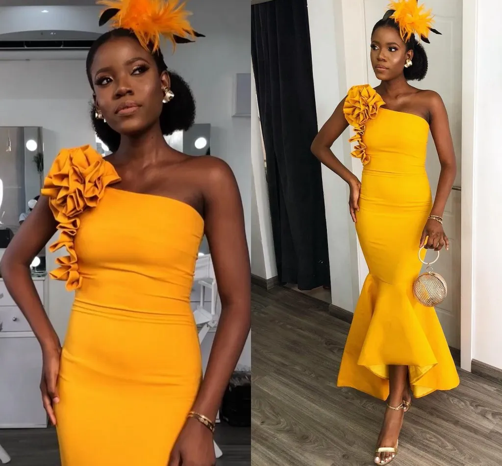 Dark Yellow Aso Ebi Evening Party Dresses 2024 One Shoulder Ruffles Flowers Mermaid Women Evening Formal Gowns Tea Length