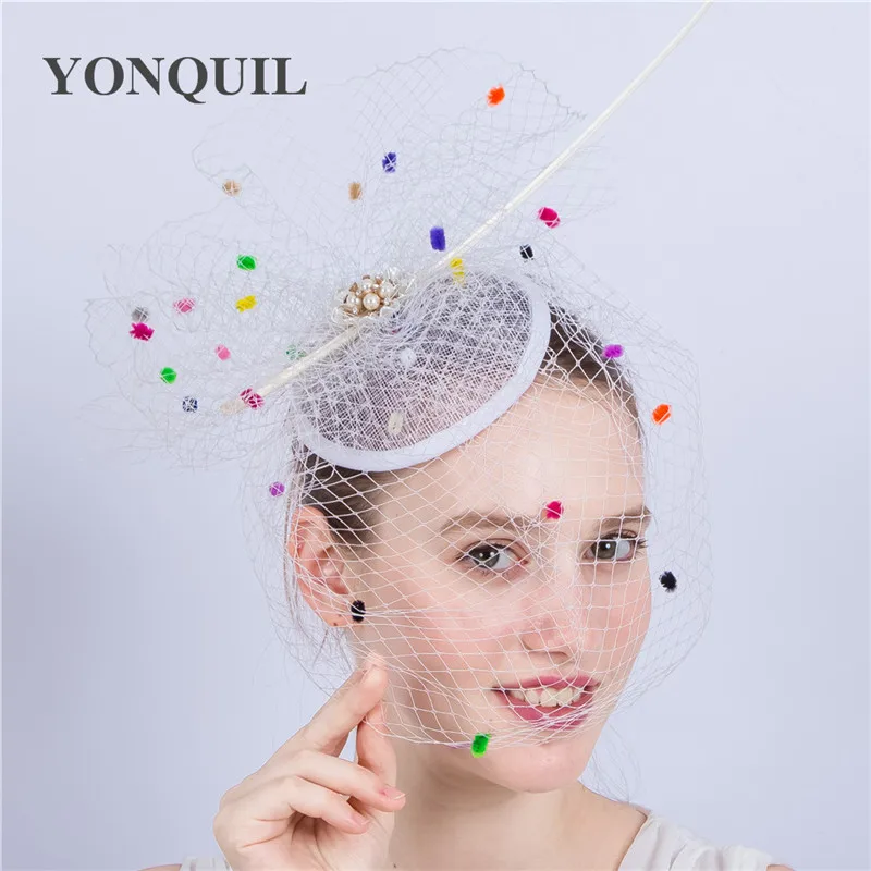 

Fashion Wedding Hat Fascinators For Bride Cute Style Floral with Colorful Dots Veils Women Banquet Kentucky Derby Party Headwear