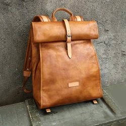 Mens Cow Leather Bag Art Travel Bag Retro Brown Backpack Fashion Sports Bag Military Style Rucksack Mens Leather Backpack