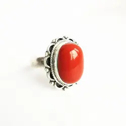 Tibetan Jewelry 925 Silver Inlaid Red Lampwork Rings for Man Lady Vintage Rings T9019