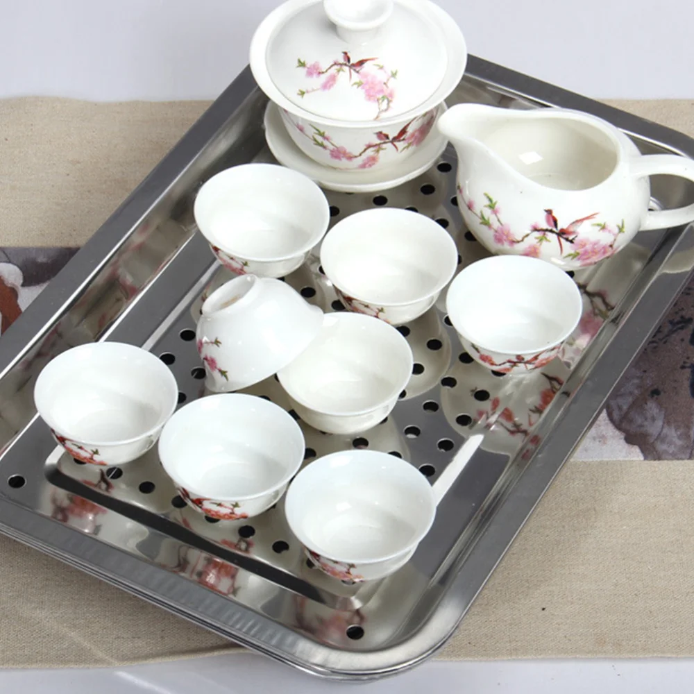 Stainless Steel Tea Cup Tray Household Rectangle Tea Plate Japanese Style Hollow Tray Holder for Home Teahouse (36x27cm)