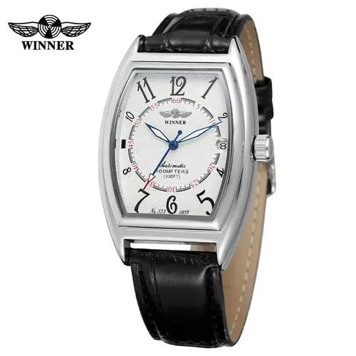 Imagen 1 del producto T-WINNER-reloj mecánico automático para hombre, cronógrafo con esfera rectangular blanca, caja plateada, correa de cuero negra, informal, sencillo, a la moda