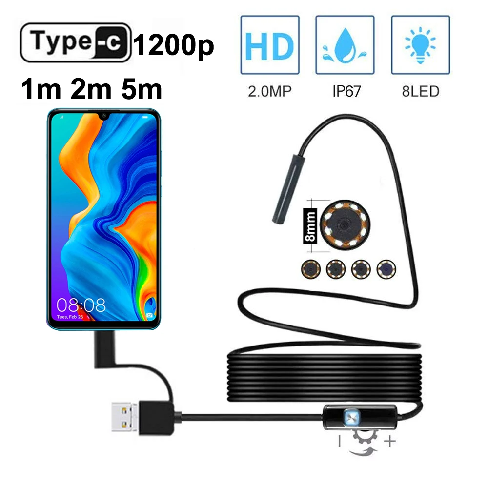 

Type C Endoscope Camera 1200P 8mm 1M 2M 5M Soft cable USB Endoscope Borescope Inspection Camera for Android Smartphone Windows