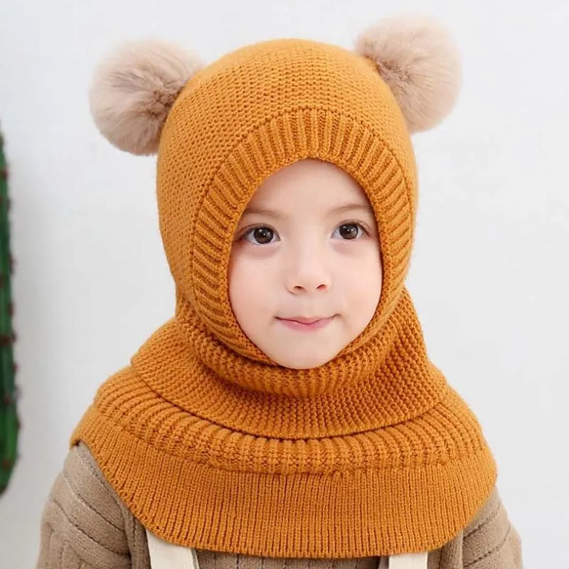 Doitbest 2 to 6 Y Winter Hat Beanies Boys Beanie two hairball Child Knit Fur Hats Protect face neck Kids Girls Earflap Caps