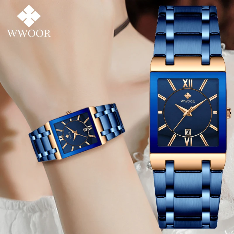 2022 WWOOR New Women Watches Top Brand Luxury Women\'s Bracelet Blue Square Watch Ladies Dress Quartz Wristwatch Relogio Feminino