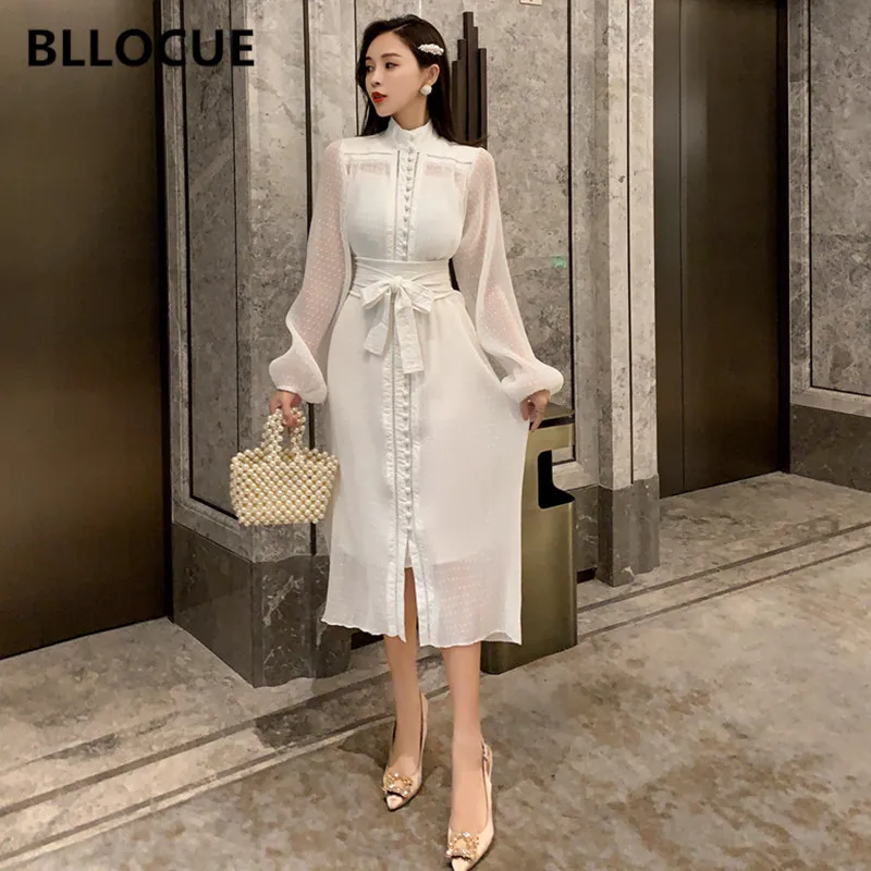 

BLLOCUE 2020 Spring Fashion Ruched Polka Dot Women Stand Collar Long Sleeve Single-Breasted Elegant Retro Dress With Belt Female