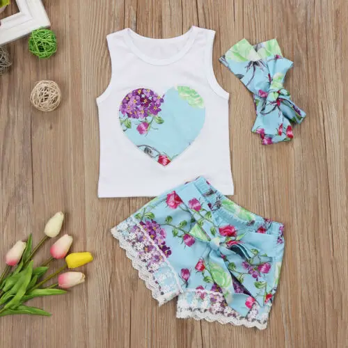 New 3Pcs Girls Summer Clothing Set Toddler Clothes Baby Floral Vest Tops +Lace Shorts Outfits Girl Flower Set