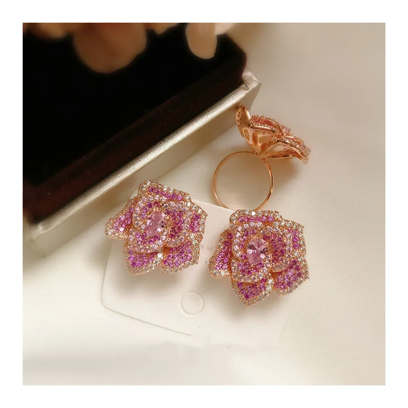 Jewelry Sets For Women S925 Silver Needle Pink CZ Stereoscopic Rose Flower Open Adjustable Stud Earrings Index Finger Ring