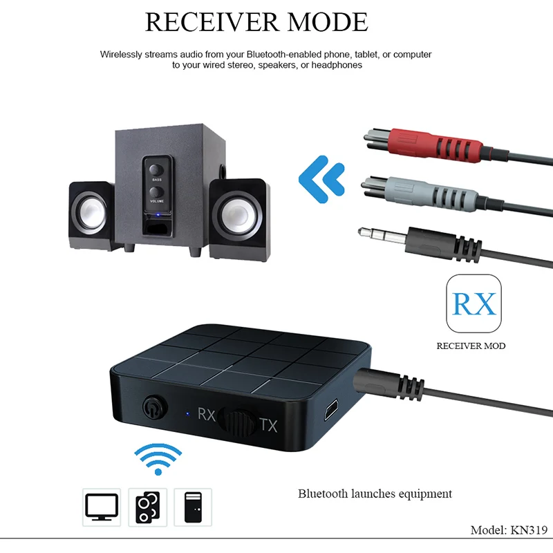 VAORLO KN321 Bluetooth 5.0 송신기 수신기 무선 오디오 미니 어댑터 RCA 3.5MM AUX 잭 스테레오 동글 자동차 TV 스피커