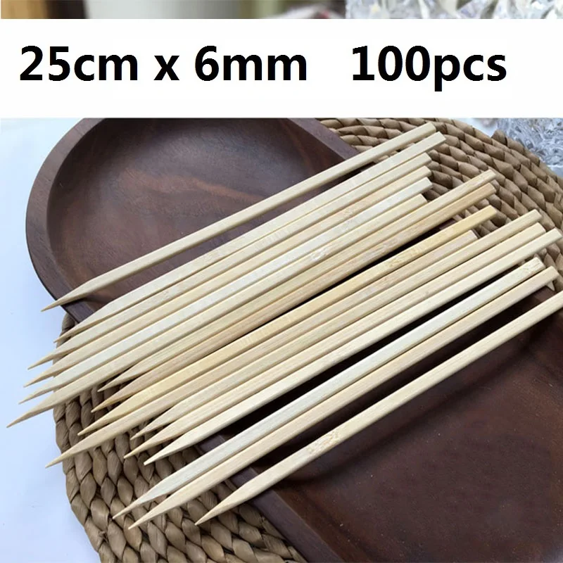 

25cm*6mm Disposable Bamboo Skewers Natural Wood Flat BBQ Skewer Sticks Xmas Party BBQ Accessories Restaurant Utensils 100-300pcs