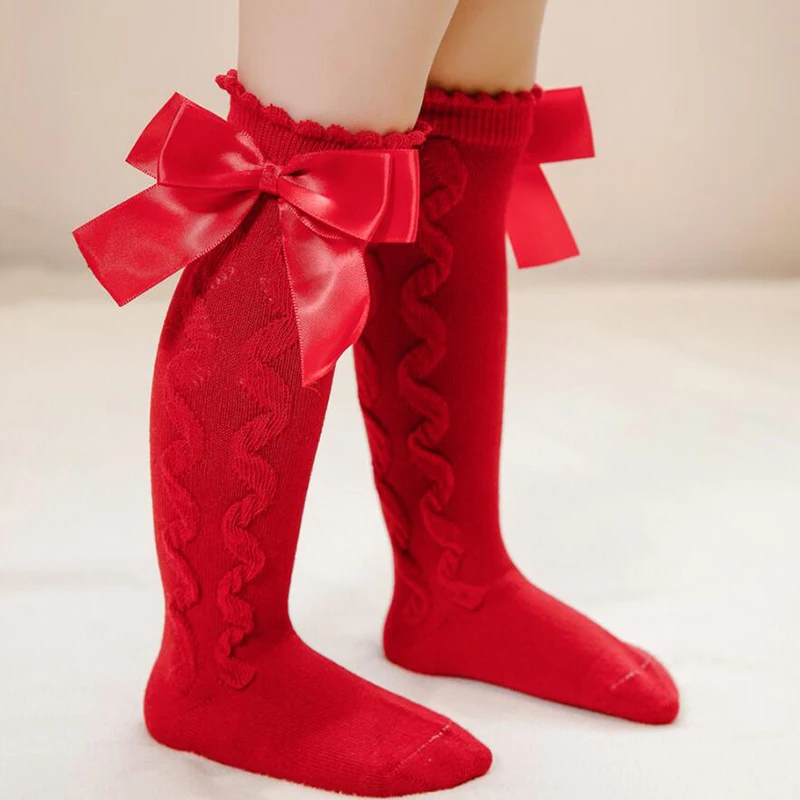 Chaussettes hautes avec gros nœuds pour fille, en coton, à tube long, pour enfant, princesse, pour Noël, nouvelle collection