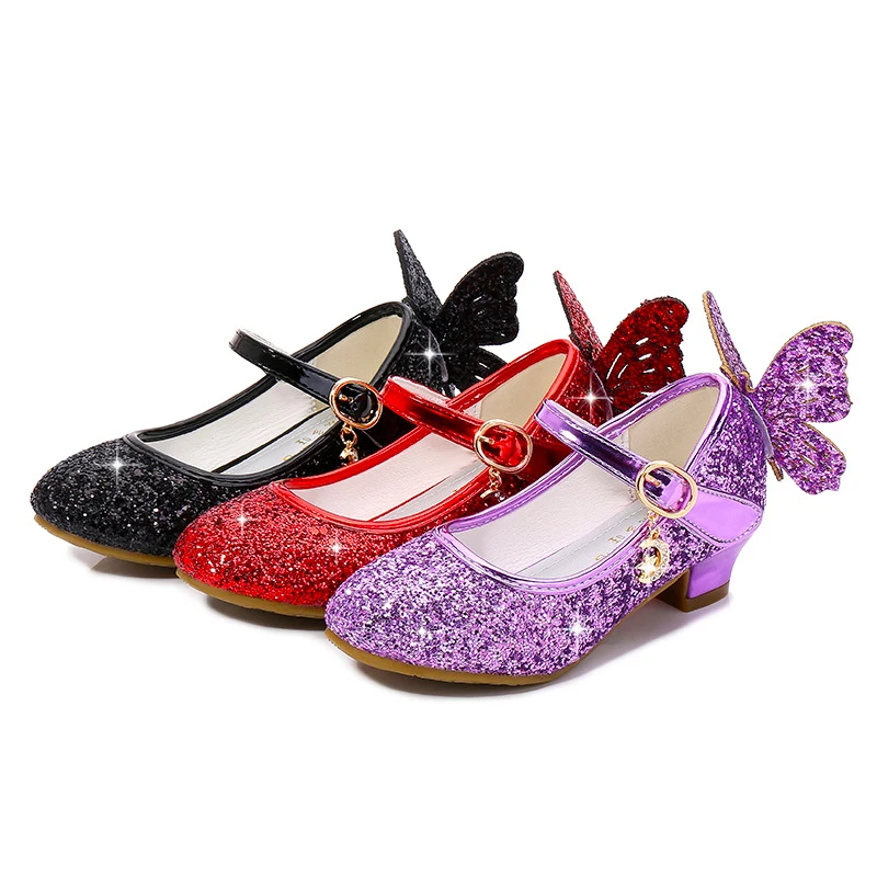 

Party Shoes for Girls Low-heeled Glitter Sequin Shoes Butterfly Back Flower Girls Princess Sparkle Shoes Birthday Solid Color 3t