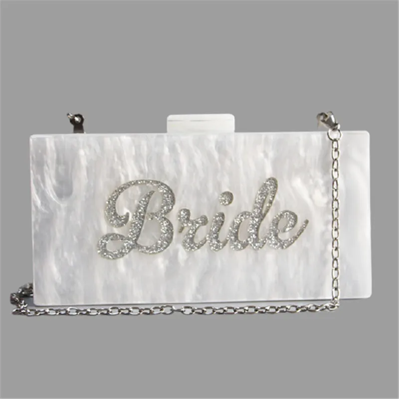 Pearl Marble White Name Letters Bride Fashion Lady Travel Party Wedding Acrylic Box Clutches Women Evening Shoulder Hand Bags