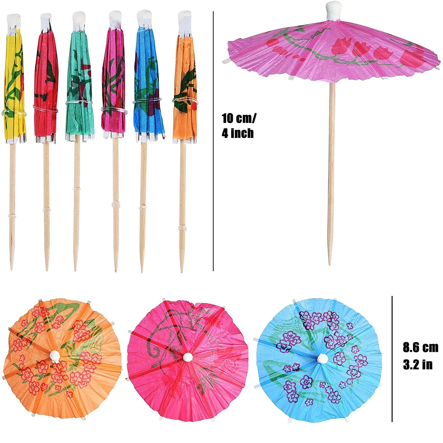 100Pack Cocktail Drink Umbrella Picks, Cupcake Toppers, Luau Parasols Toothpicks for Tropical Hawaiian Tiki Party Decorations